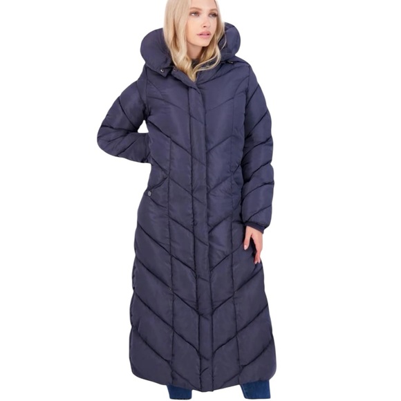 Steve Madden Navy Blue Long Chevron Maxi Puffer Coat Long Winter Parka Women XS